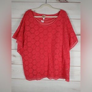 JM Collection 2X Top Womans Red Lined Lace Over Short Sleeves Back Gather.
